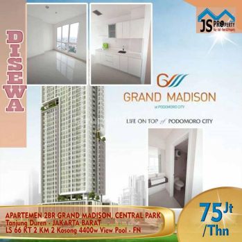 DISEWAKAN APARTEMEN 2 BR GRAND MADISON, CENTRAL PARK, TANJUNG DUREN,JAKARTA