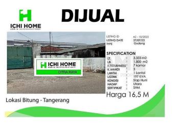 Gudang Siap Pakai Luas 3.333 m2 di Bitung Tangerang