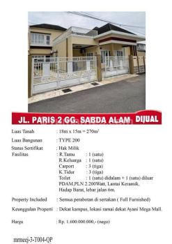 Rumah Furnished di Jl. Paris Pontianak, Kalimantan Barat