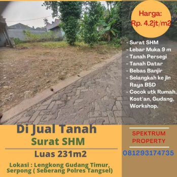 Tanah 231m2 SHM, Seberang Polres Tangsel. Murah Rp. 4.2jt/m2