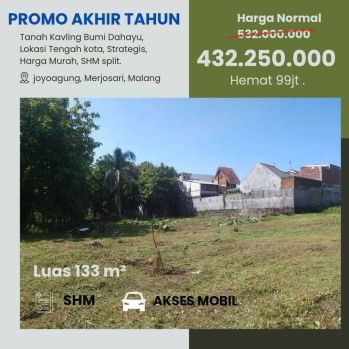 Tanah Kavling Joyoagung Luas 133m2 harga promo 432Jt