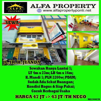 Sewa Ruko Hanya Lantai 1 Harga Murah Juanda Pontianak Kota