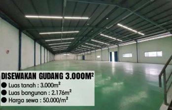 Disewakan Gudang 3.000m² di kawasan hyundai dkt Jababeka cikarang