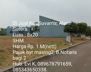 Di Jual Tanah Kavling di Komp.Suvarna, Alam Sutera.