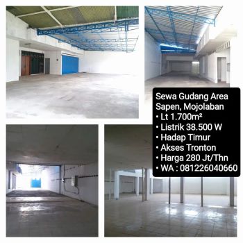 Sewa Gudang Area Sapen,Mojolaban,Akses Tronton,100 Mtr jalan R