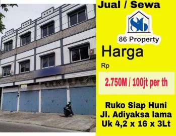 Disewakan ruko 3 lantai jalan adiyaksa lama dekat hertasning