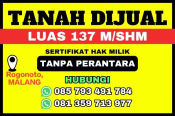 Dijual Tanah | Sertifikat: SHM | Lokasi: Rogonoto, Malang