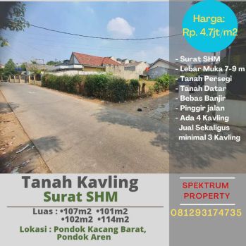 4 Kavling siap bangun, 100m2-an, @Rp.4.7jt/m2 SHM. Pdk Kcg Barat