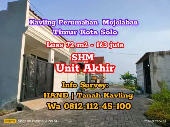 KAVLING TANAH BAGUS DI PERUMAHAN MOJOLABAN SUKOHARJO ,ANGS 1 TAHUN
