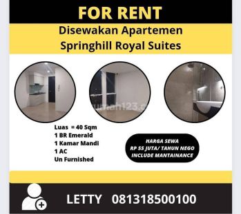 Disewakan Apartemen Springhill Royal Suites Type Emerald Rp 55 juta/ tahun nego