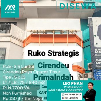 Ruko 3,5 Lantai Cirendeu Ciputat Timur, Tipe 5x15, Lt lb 75 240 M2, Non
