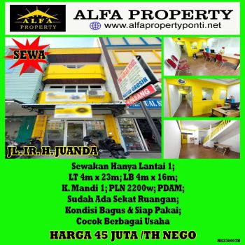 Sewa Ruko Hanya Lantai 1 Harga Murah Juanda Pontianak Kota