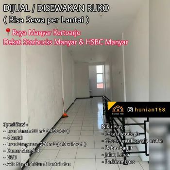 JUAL SEWA Ruko Per Lantai Raya Manyar Kertoarjo Kertajaya Surabaya