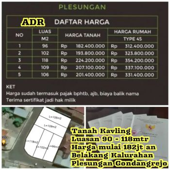 Dijual Tanah Kavling&Pesan Bangun Plesungan