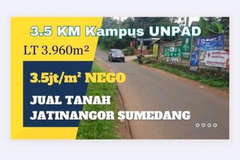 Jual Tanah Jatinangor 3.5Km UNPAD Pinggir jl SHM Lt 3.960m²