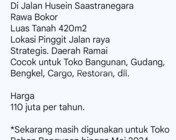Tanah Lahan Usaha Gudang di HUSEIN SASTRA RAWA BOKOR 420 m²