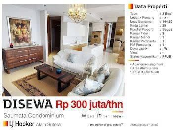 Di Sewa Apartemen 3 Br Saumata Termewah di Alam Sutera Tangerang Sangat Bagus