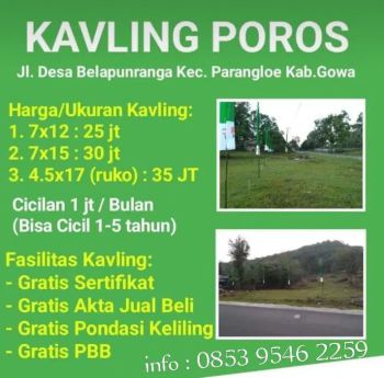 TANAH KAVLING MURAH POROS JALAN BELAPUNRANGA PARANGLOE GRATIS BIAYA