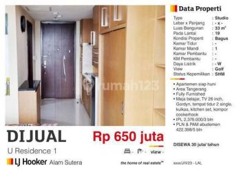 Dijual disewa Apartment Studio Room Bagus, View Golf Imperial Golf Karawaci lal