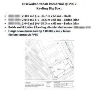 Disewa Kavling Komersial PIK 2, Luas 2.046m2, Jalan Utama, Gandeng 3