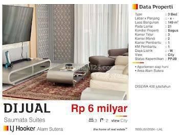 Dijual Apartemen Saumata Suites 3 Br Termewah di Alam Sutera Tangerang Furnished