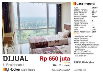 Dijual disewa Apartment Studio Room Bagus, View Golf Imperial Golf Karawaci lal